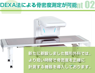 Point02 DEXA法による骨密度測定が可能:新たに新設しました整形外科では、より短い時間で骨密度を正確に計測する機器を導入しております。